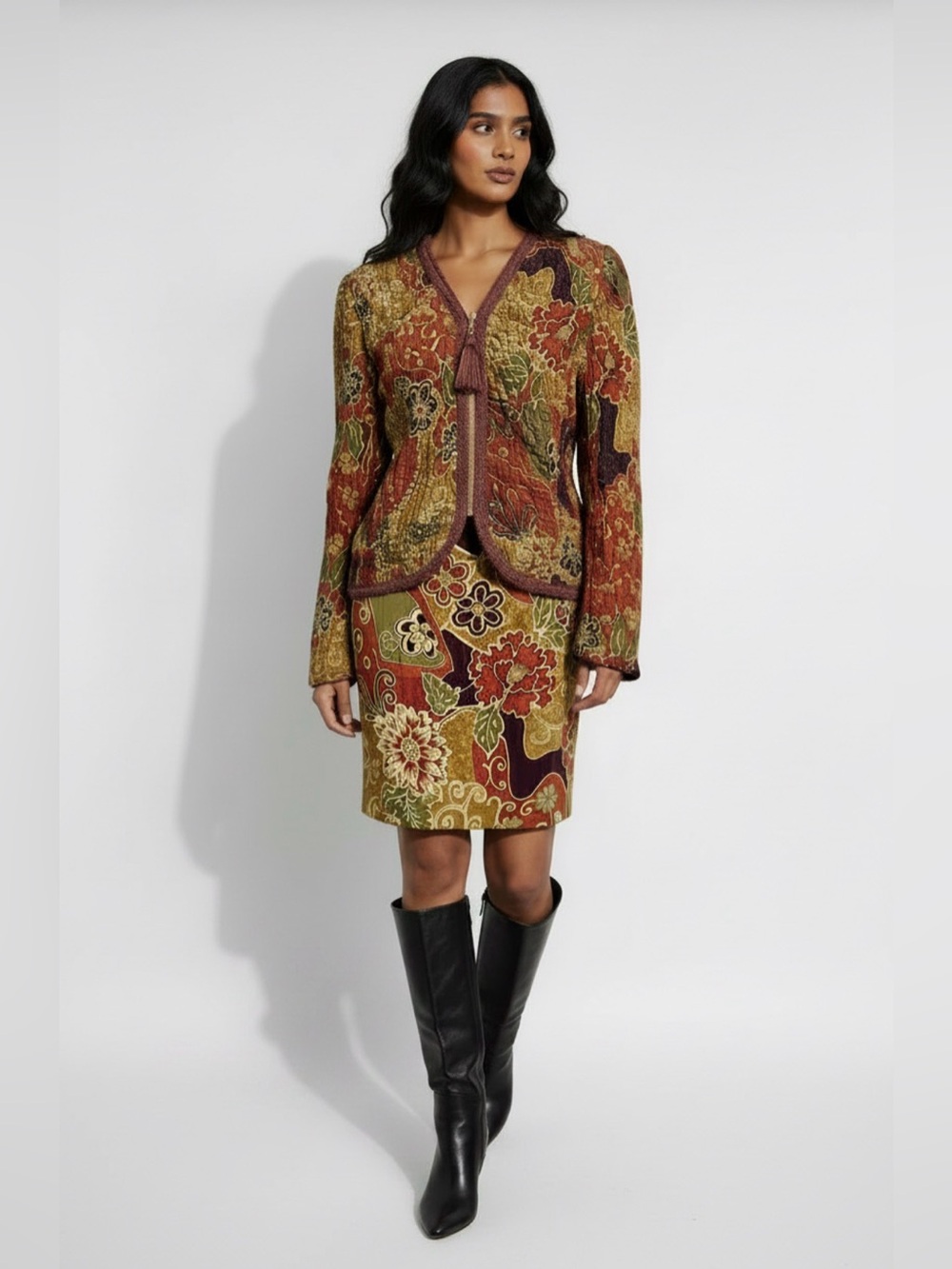 Teri Jon New Rare Vintage Silk Floral Jacquard Skirt Set